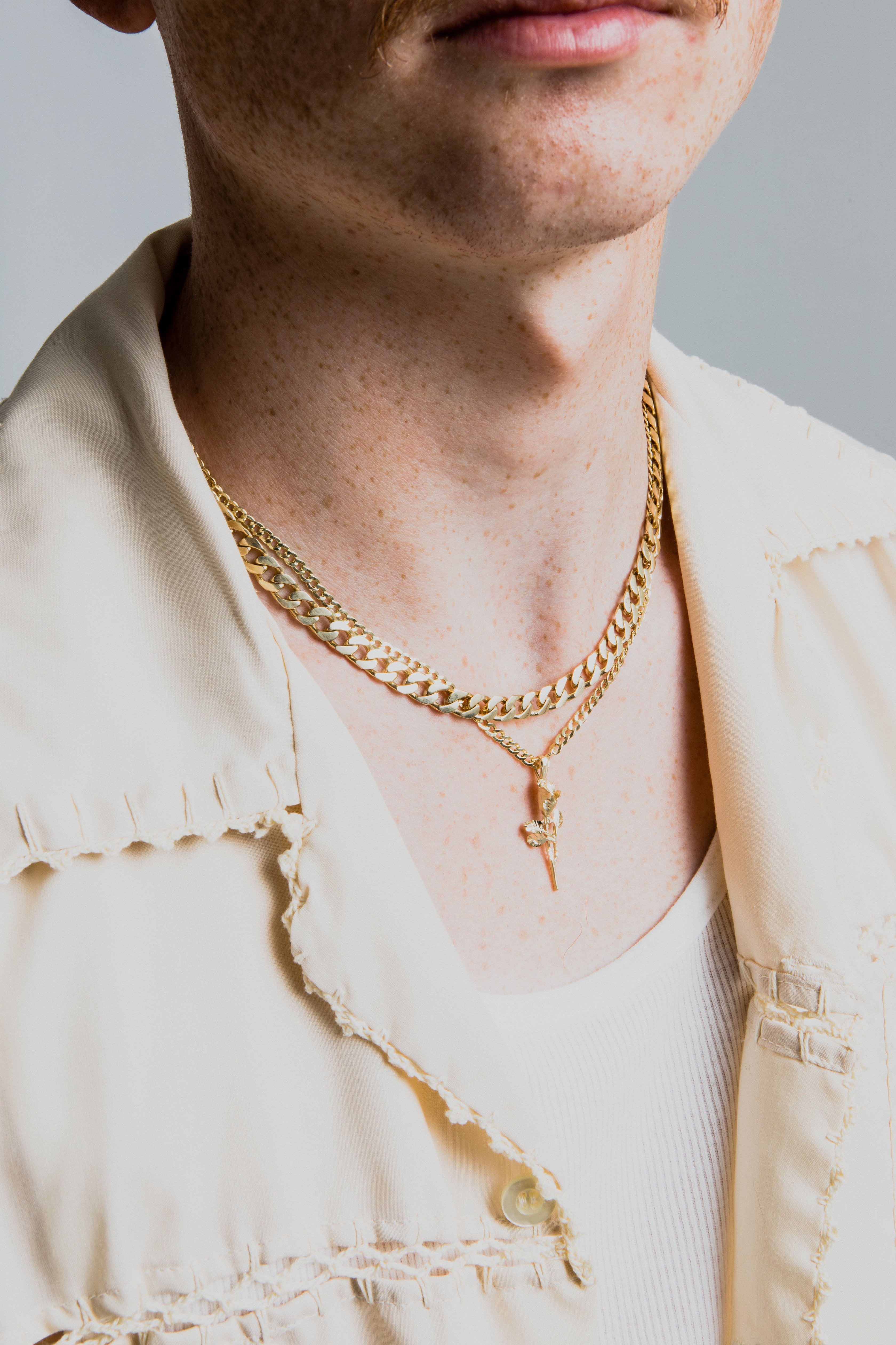 10K Yellow Gold Hollow Curb Chain Necklace on figure with rose pendant
