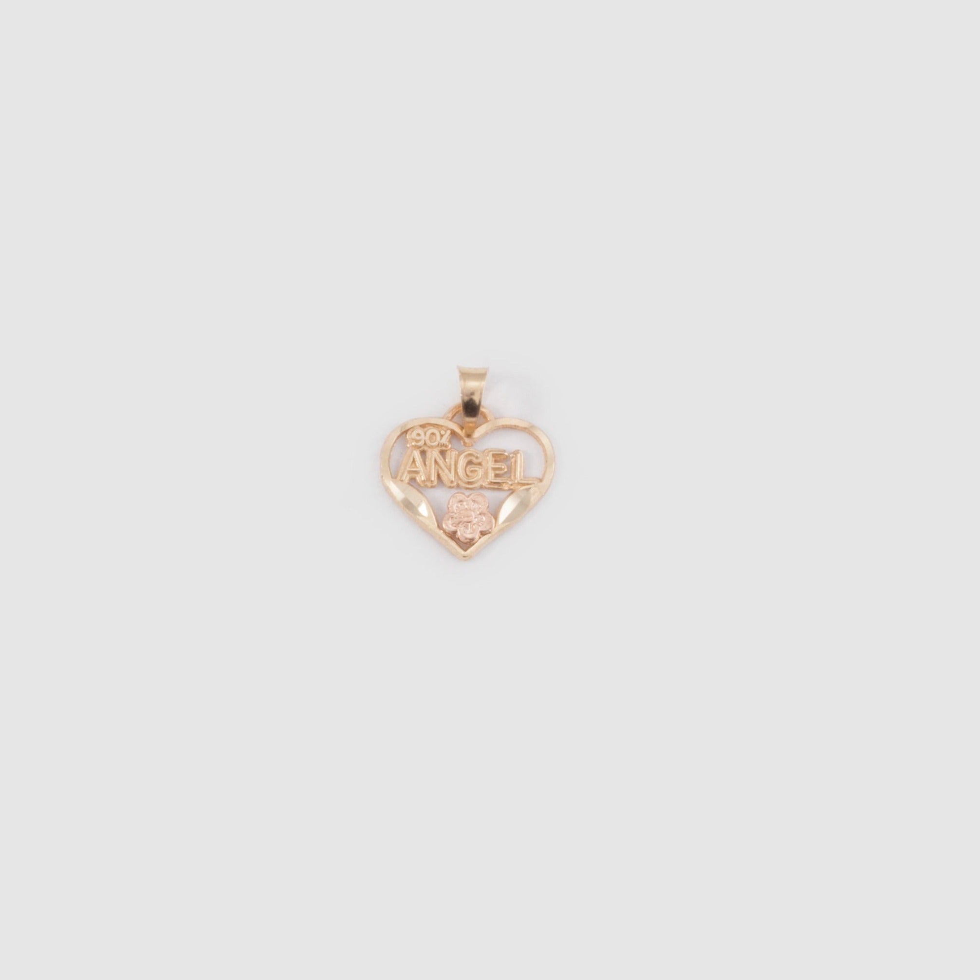 Gold heart-shaped pendant featuring "90% ANGEL" text with small pink flower detail.