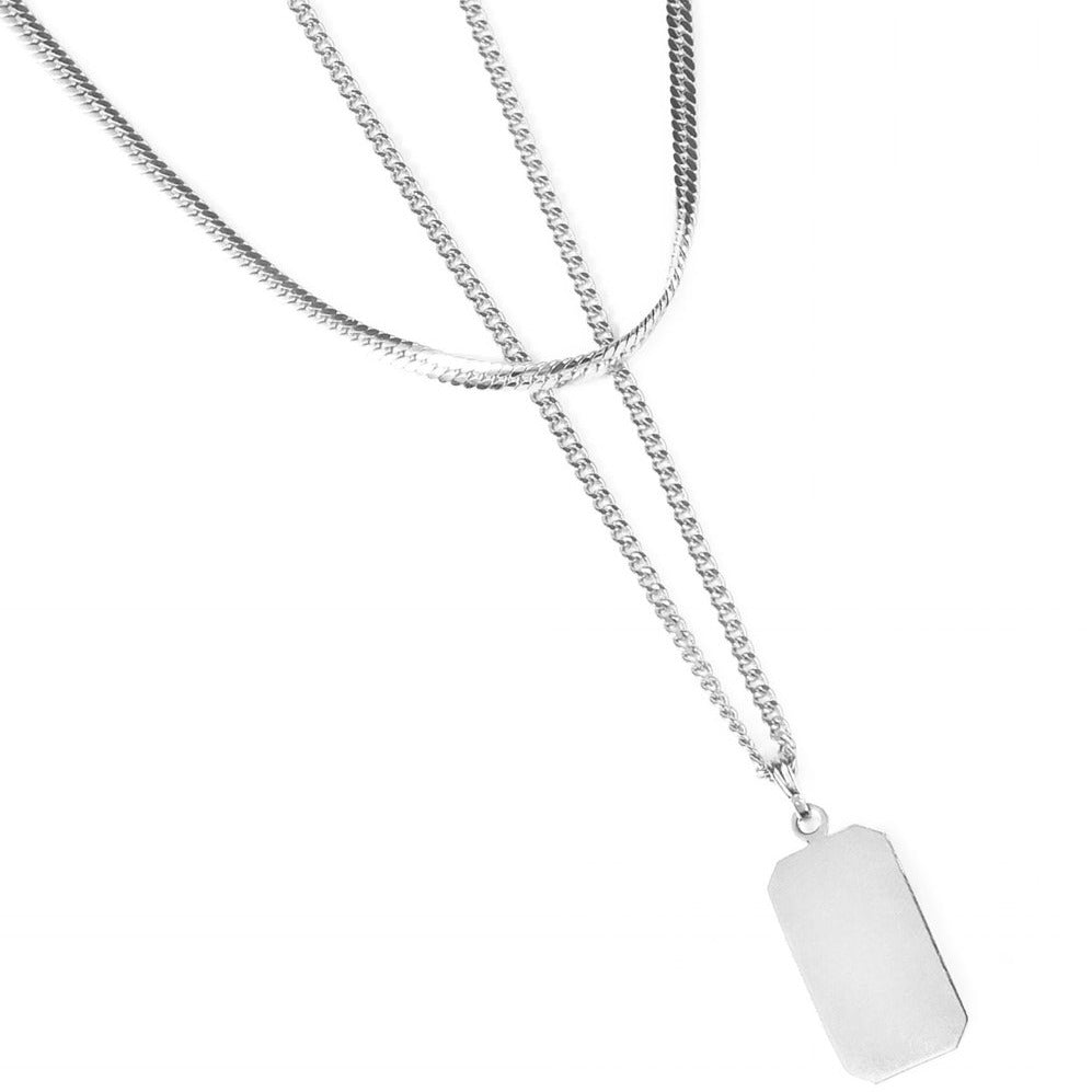 Silver Thin Herringbone and Curb Chain Layered With ID Pendant