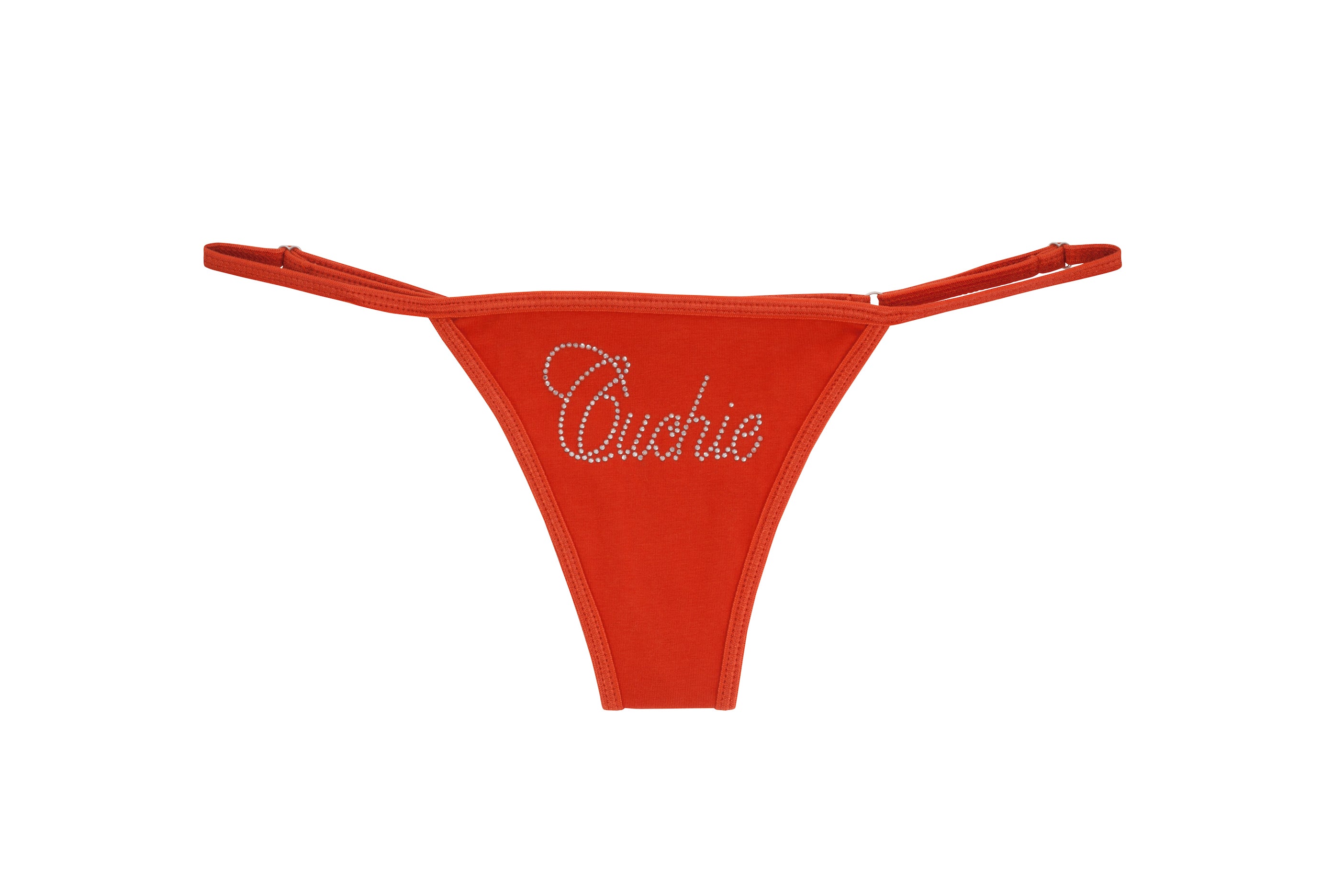 Amber thong with "Cuchie" text in rhinestones