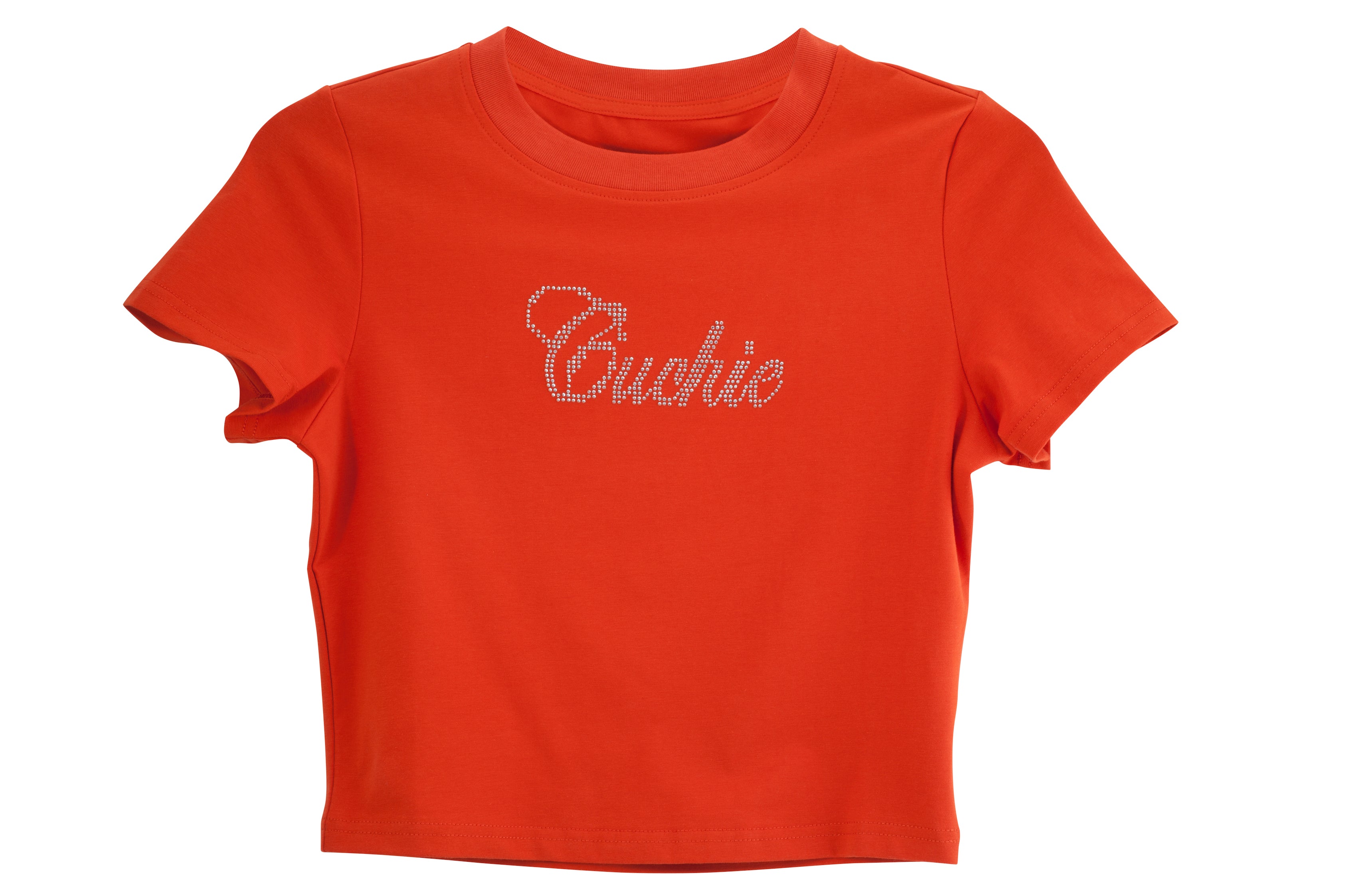 Amber cropped t-shirt with "Cuchie" text in rhinestones