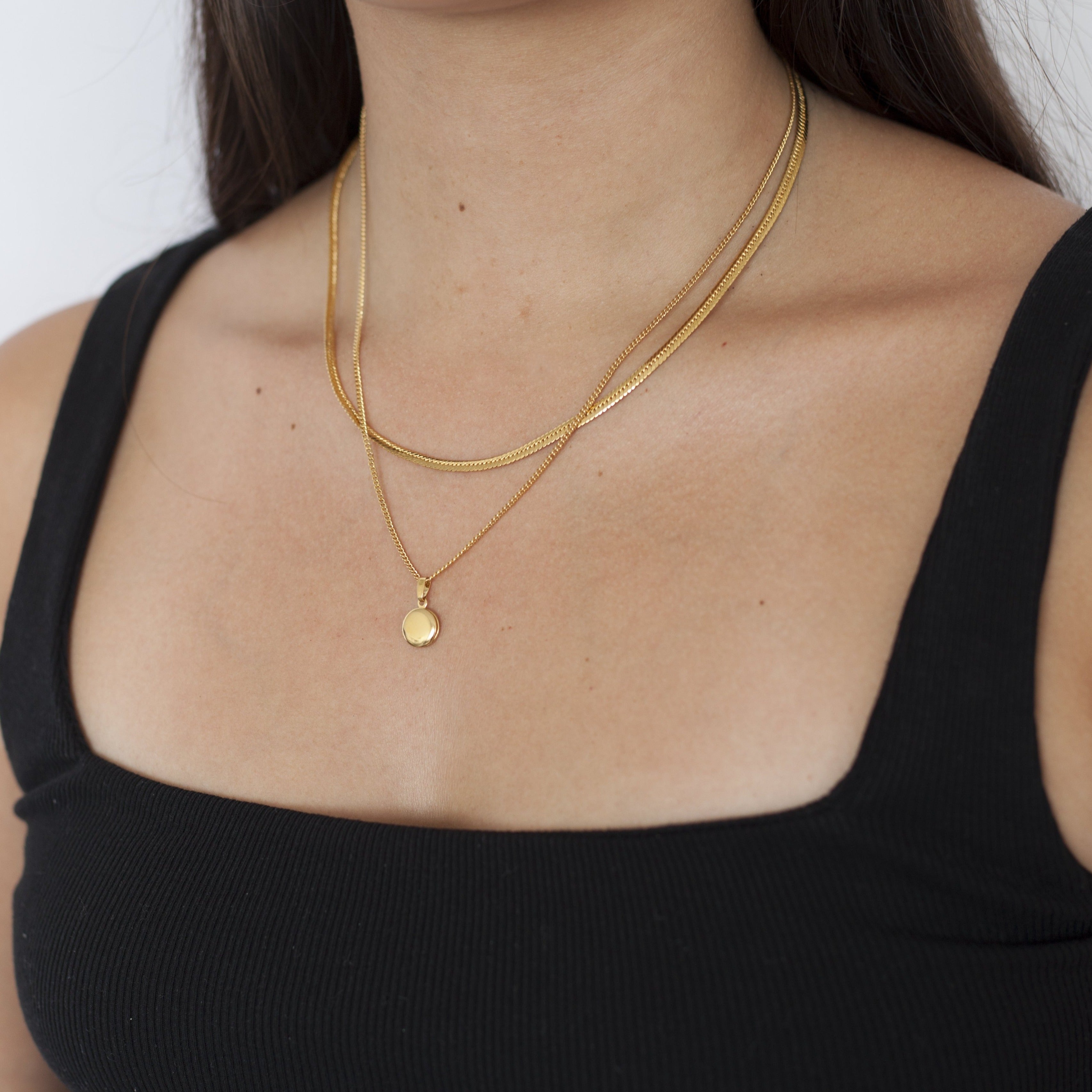 Thin Herringbone and Curb Chain with Locket Pendant gold
