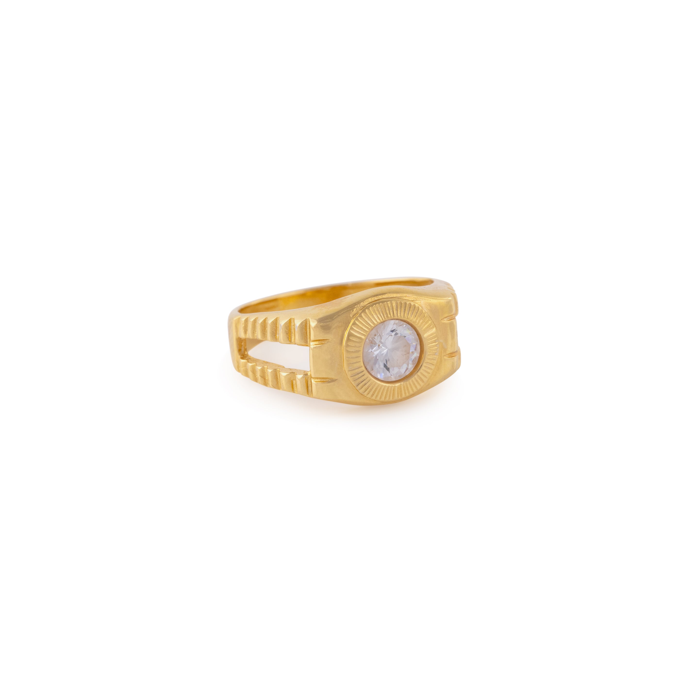 Gold Rolex style detailed ring with CZ stone setting