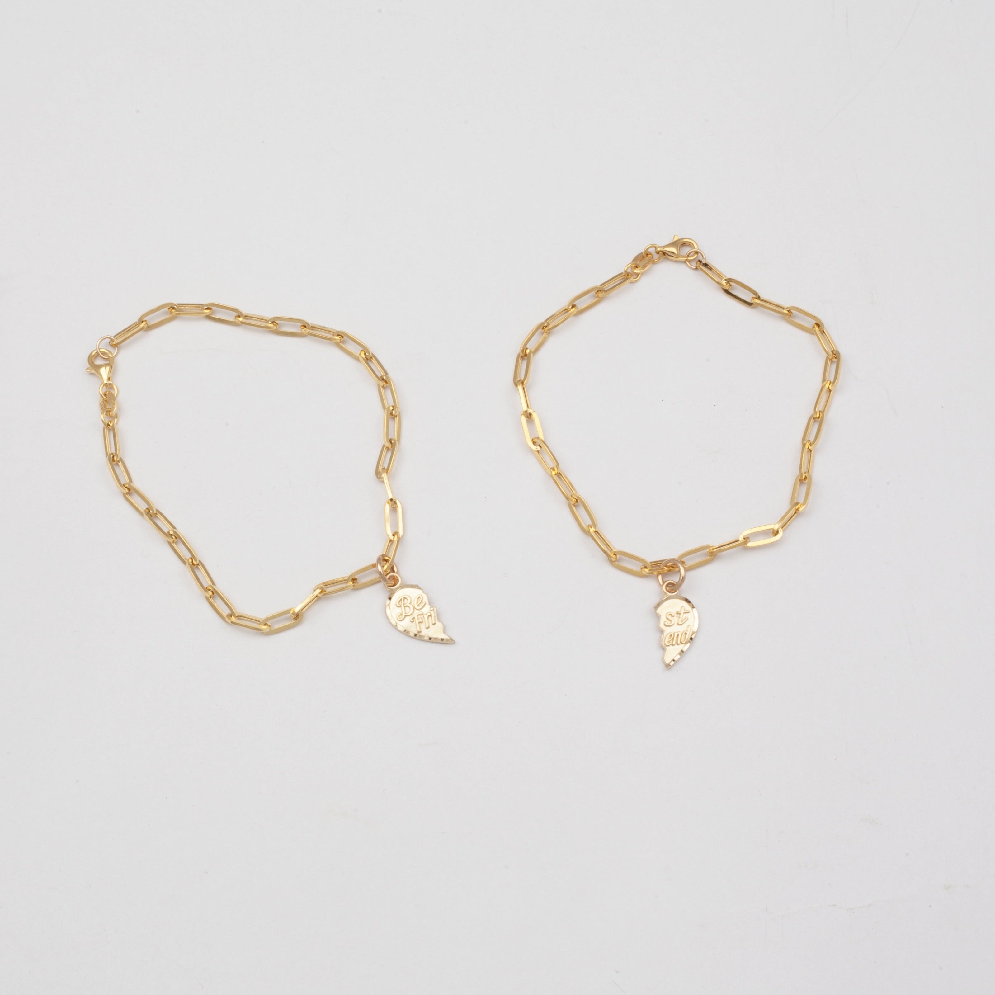 10k Solid Yellow Gold Best Friends puzzle heart pendants on paperclip chain bracelets 