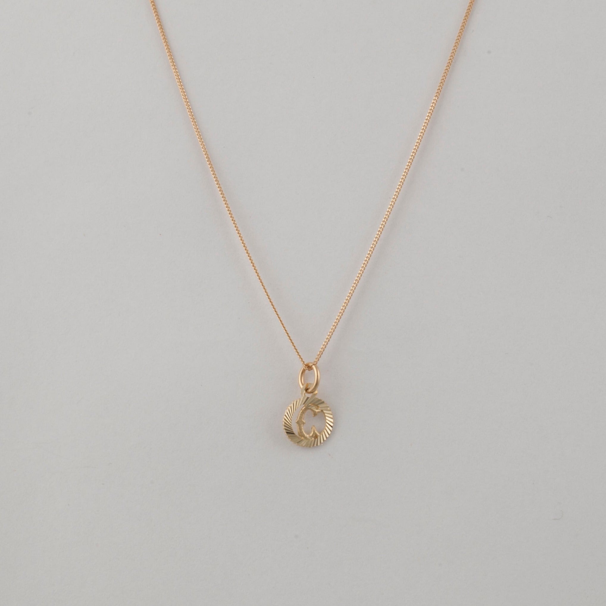 10k gold Small Initial Pendant in Circle Charm on a thin curb chain