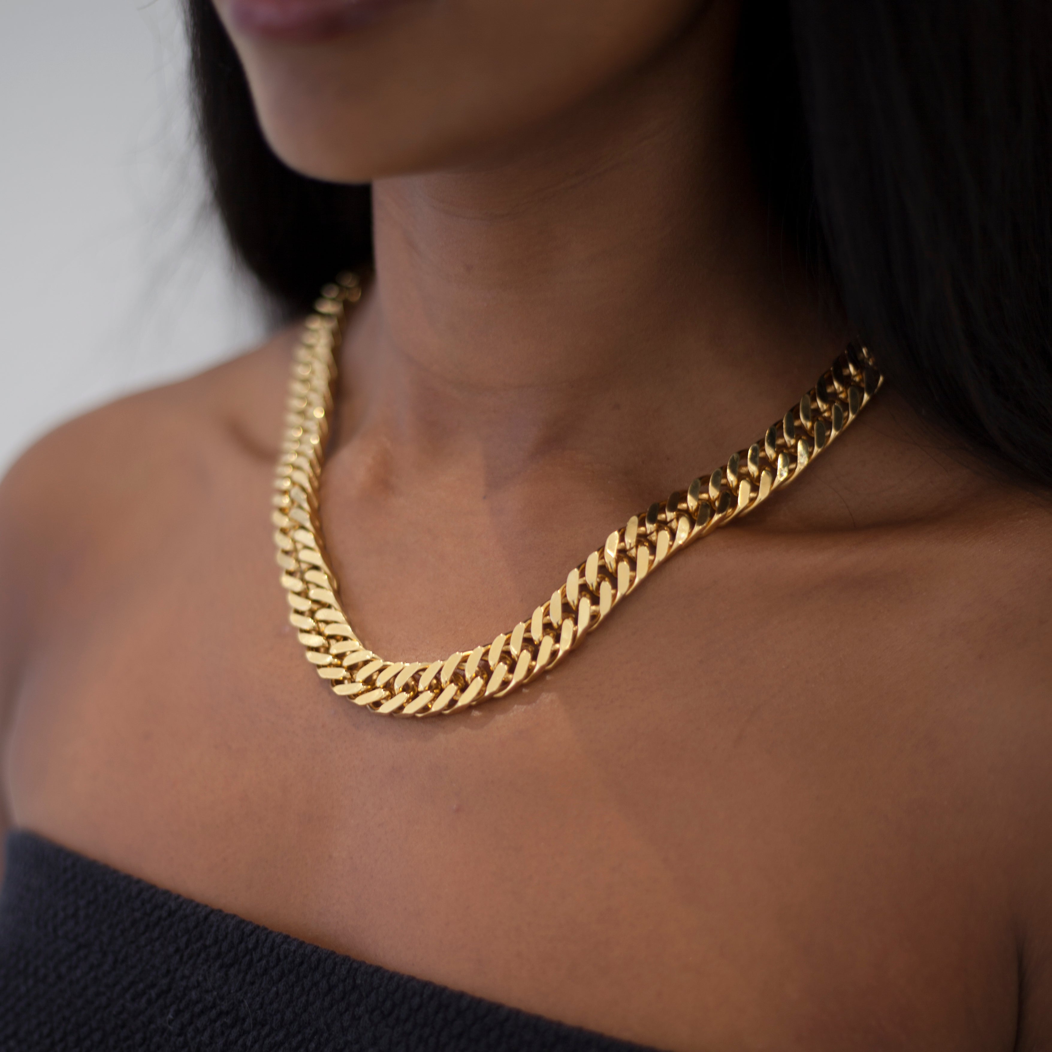 14k gold-plated statement necklace with thick chain on model