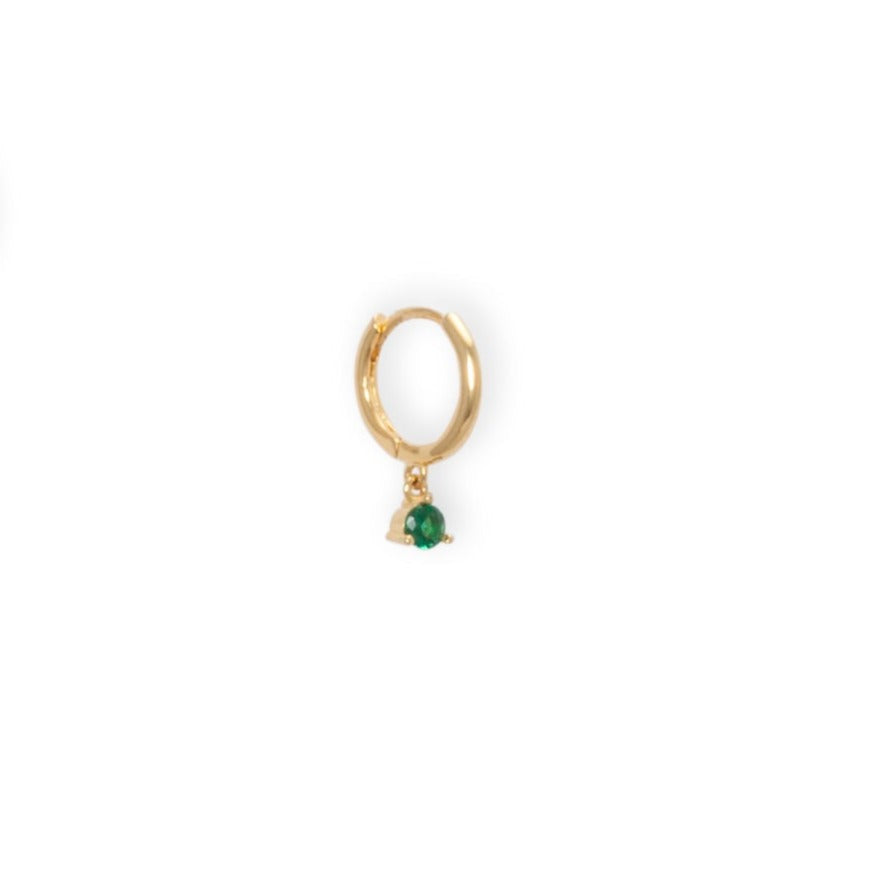 gold Huggie with emerald cz dangle