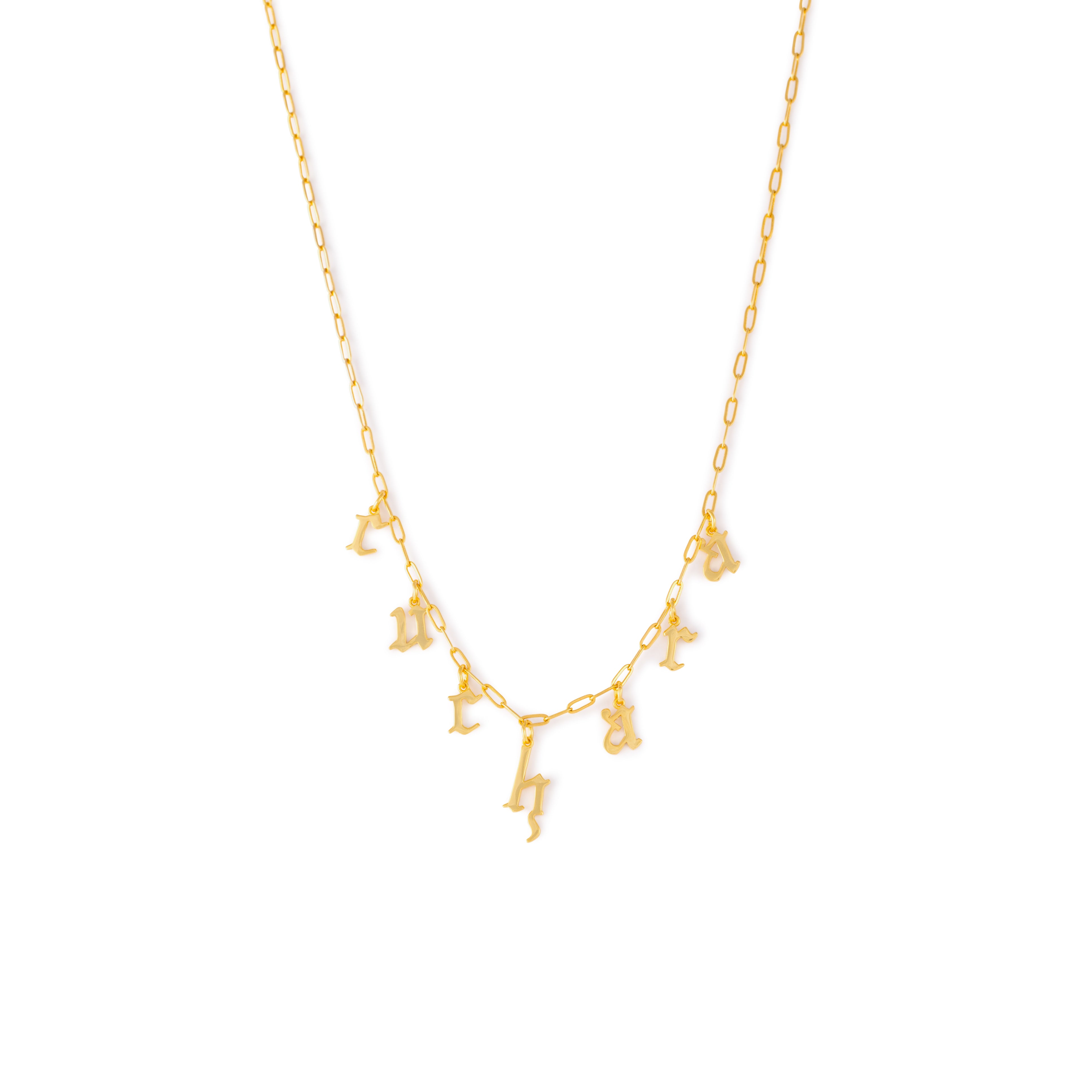 Gothic Font pendant on an open link chain.