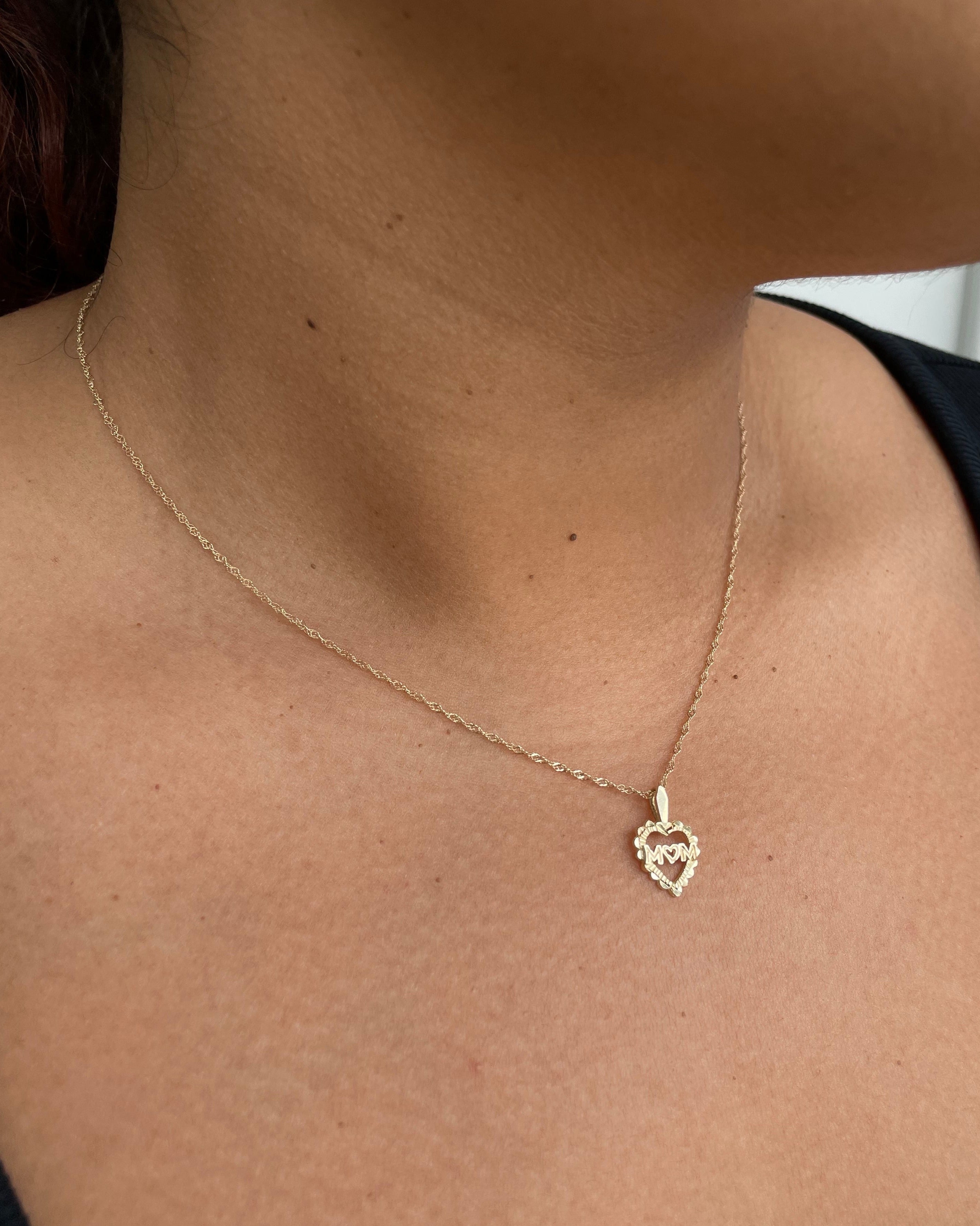 10k gold diamond cut MOM heart-shaped charm on singapore chain