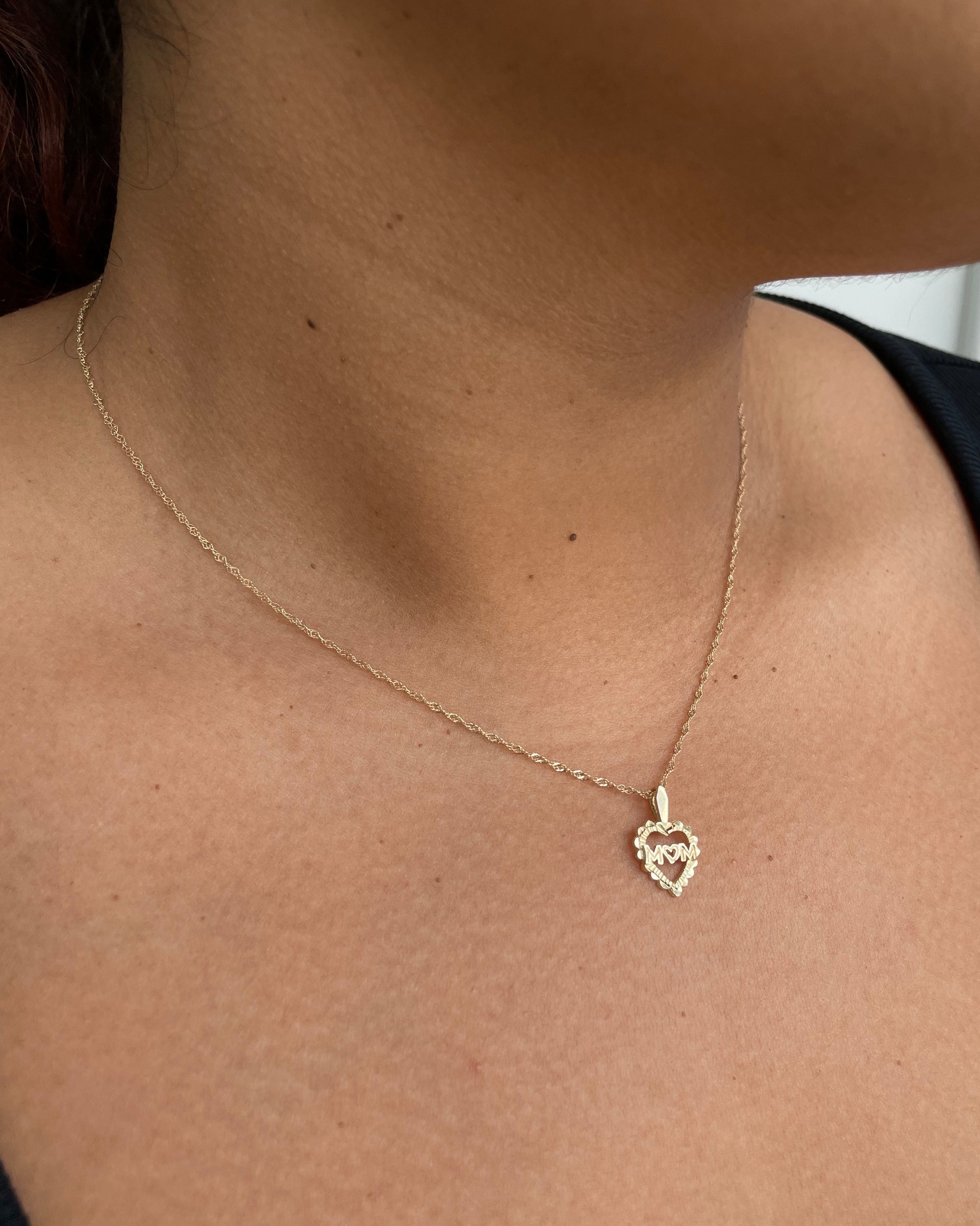 10k gold diamond cut MOM heart-shaped charm on singapore chain