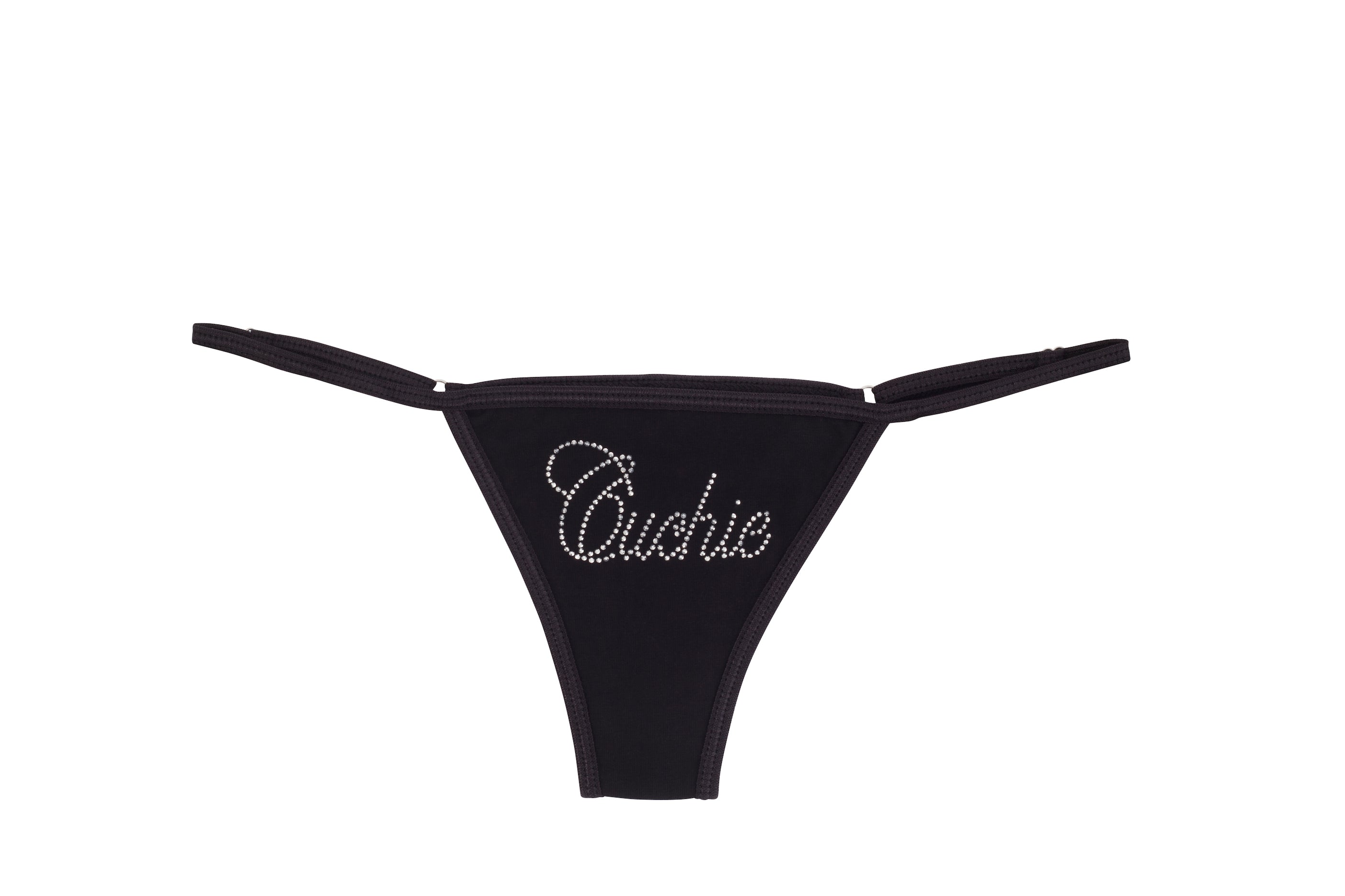 Black thong with "Cuchie" text in rhinestones