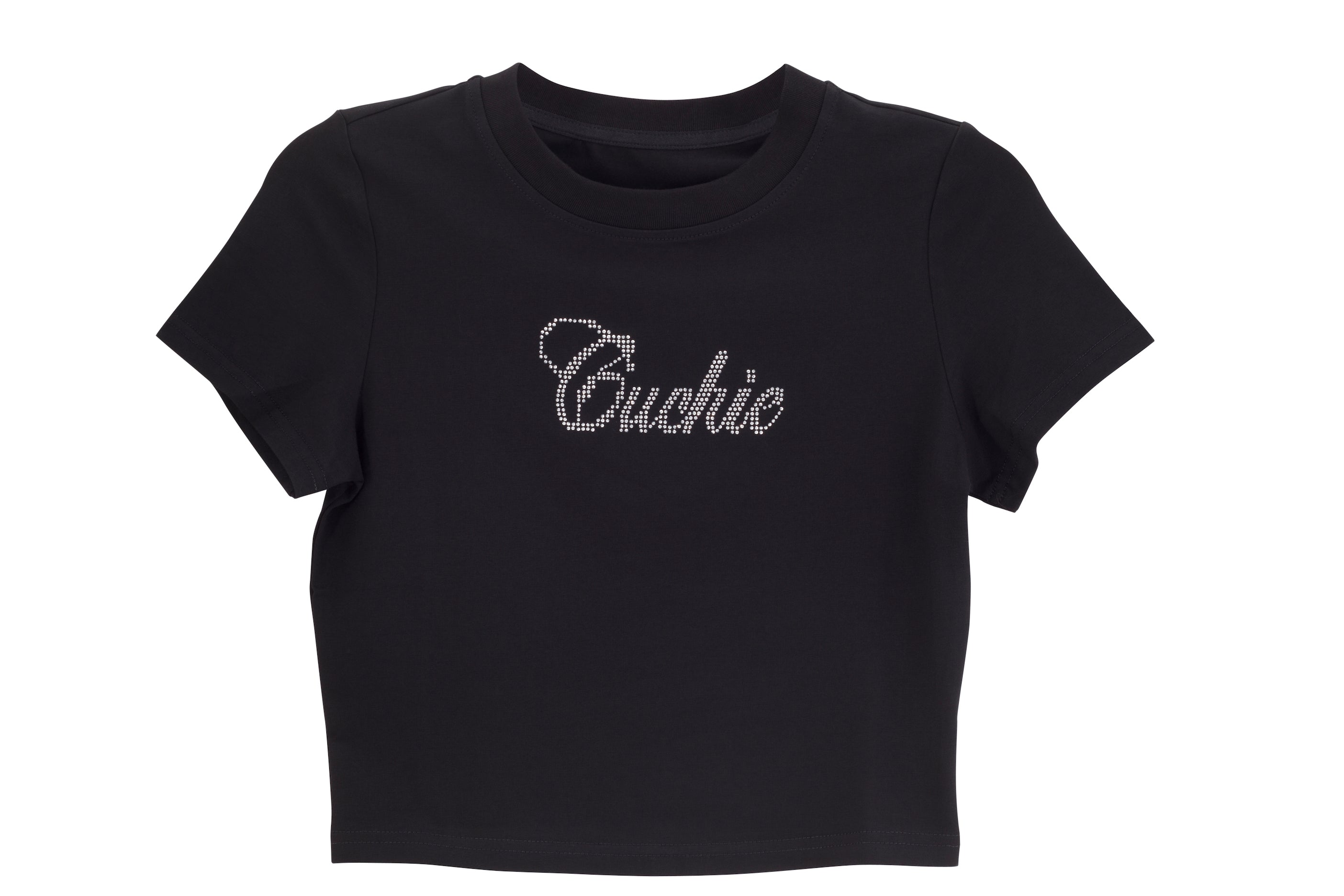 Black cropped t-shirt with "Cuchie" text in rhinestones