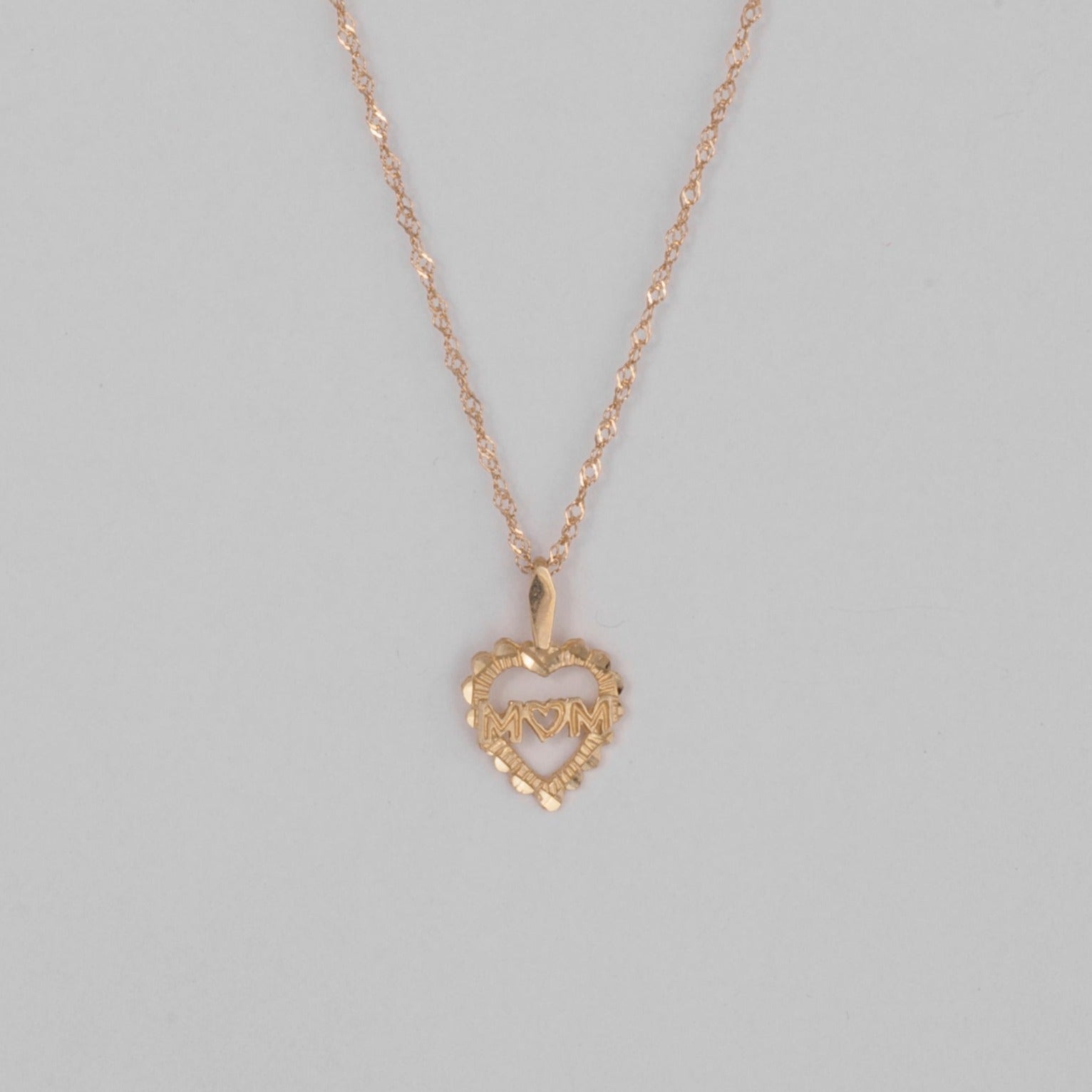 10k gold diamond cut MOM heart-shaped charm on singapore chain