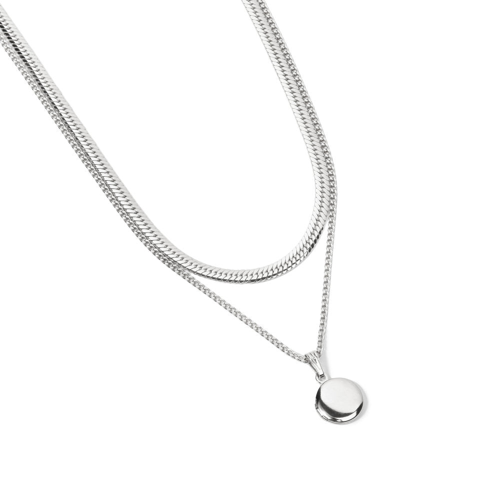 silver Thin Herringbone and Curb Chain with Locket Pendant