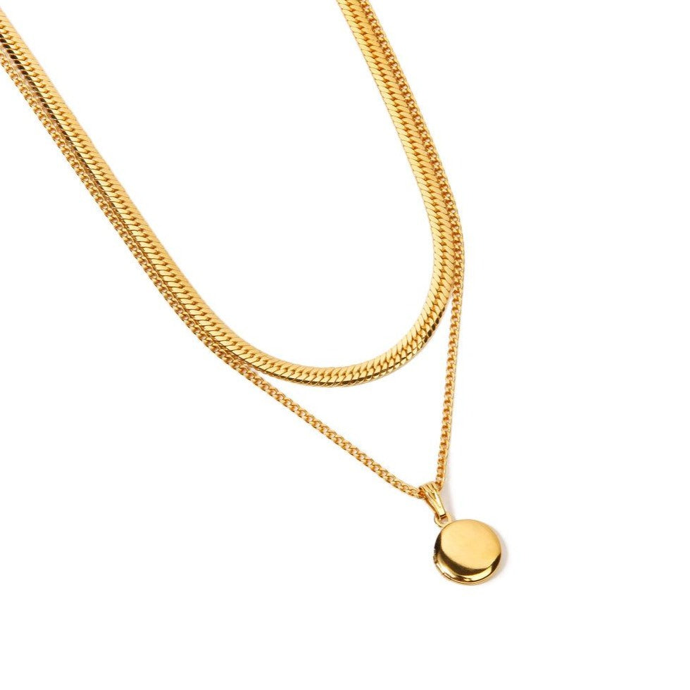 gold Thin Herringbone and Curb Chain with Locket Pendant