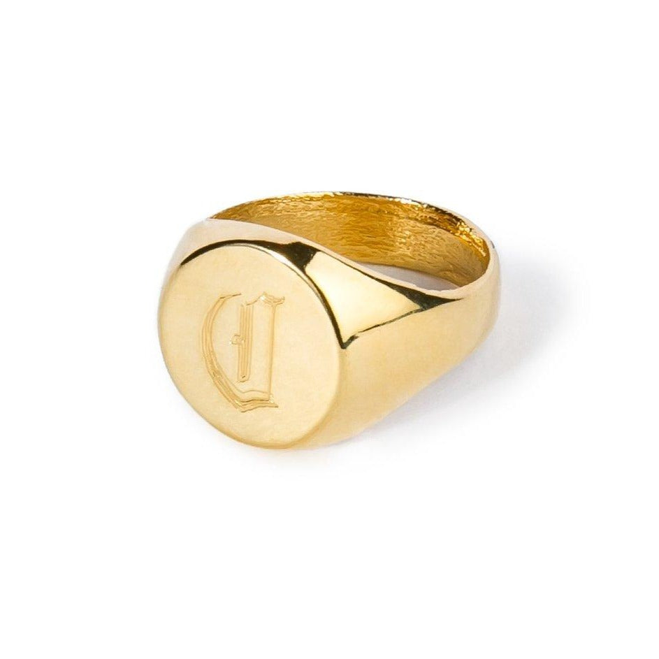 gold round signet ring with engraving