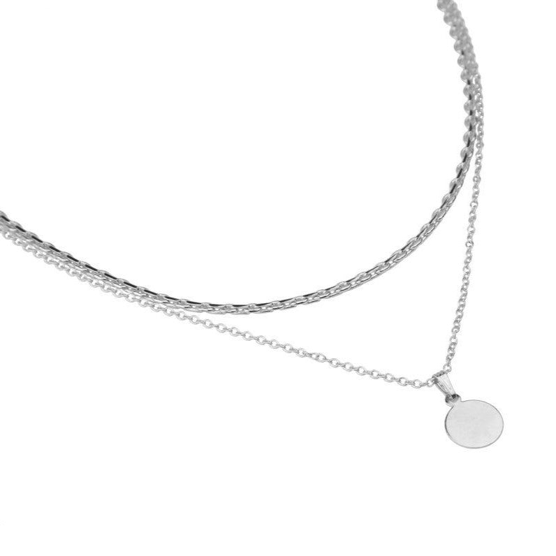 Double Chain Necklace with Circle Pendant silver