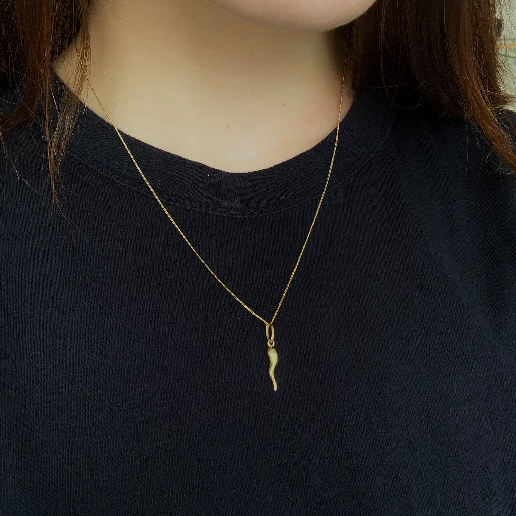 10k solid yellow gold good luck horn on a 20" thin curb chain necklace