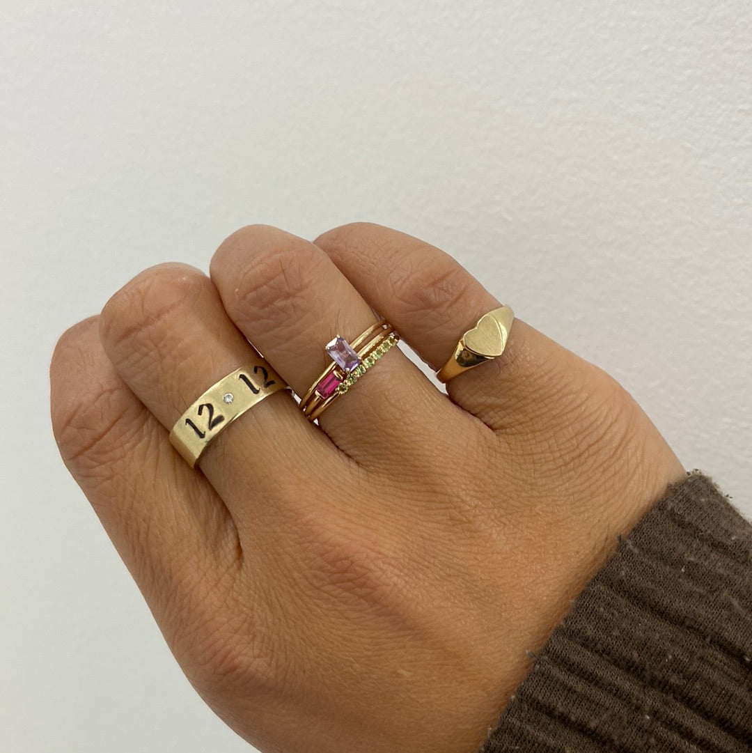 10k yellow gold horizontal baguette ring coloured cubic zirconia birthstone with gold ring stack